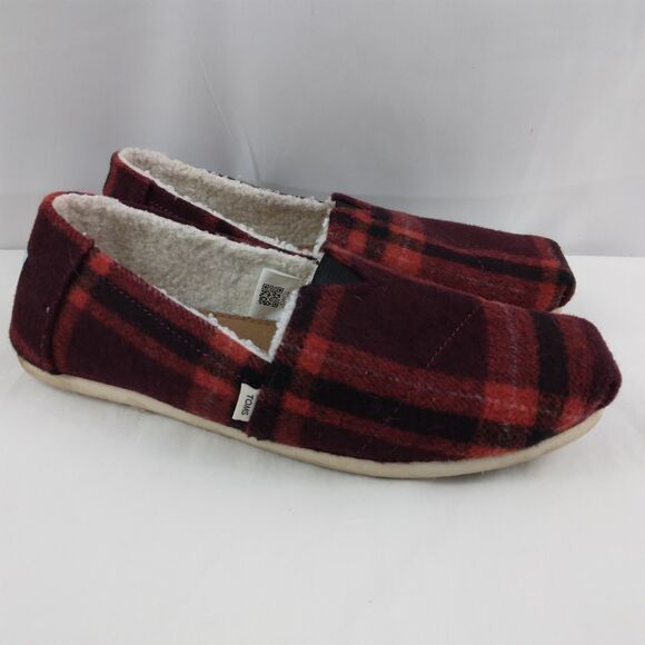 TOMS Alapargata Red Belmont Plaid Sherpa Lined Slip On Flats Women’s Size 8.5 - Picture 1 of 11